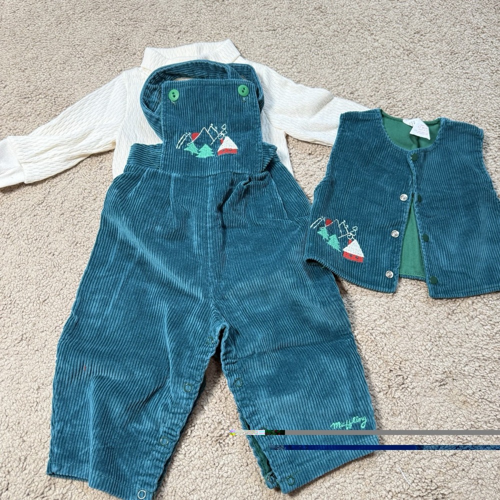 Mufflings Baby Boy 3 Piece Teal Corduroy Overalls Vest Sweater Set 12 Months